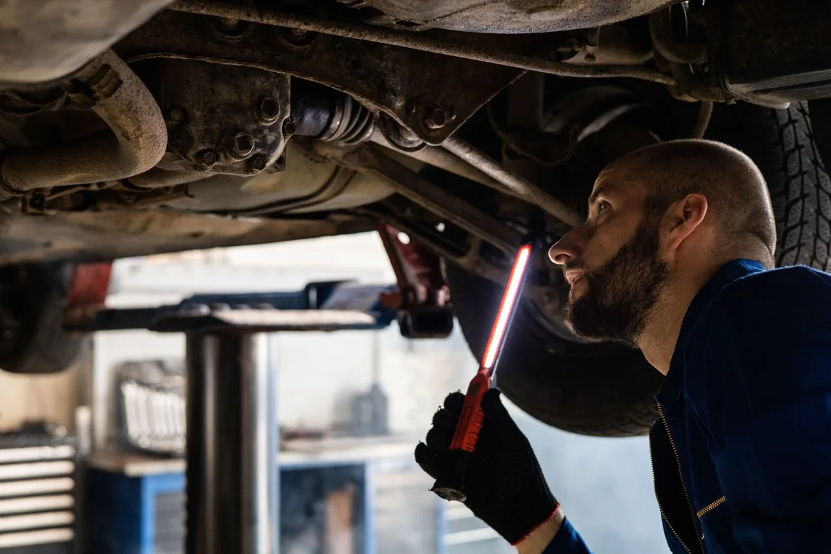 Técnico inspeccionando la parte inferior de un vehículo